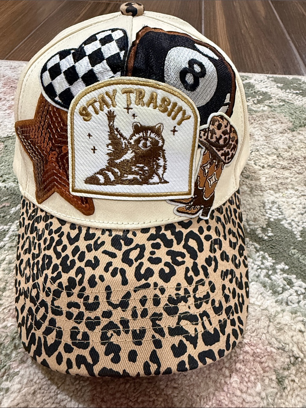 Stay Trashy Leopard Patch Cap - Beige and Brown